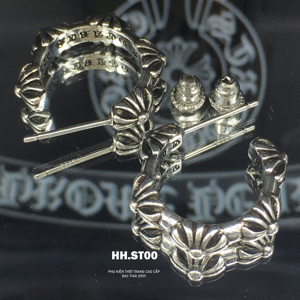 Khuyên tai Chrome heart, khuyên tai bạc tròn ,hoa tai họa tiết 5 bông nổi , Trang sức bạc cao cấp HHST00 Mã K0009