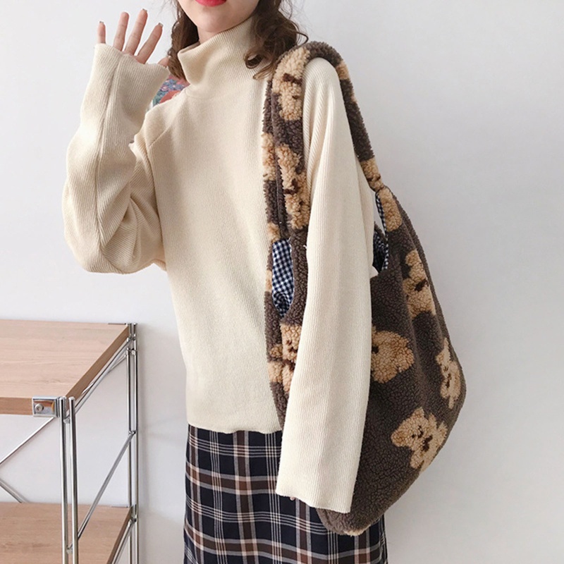 Túi Đeo Vai Giả Lông Cừu Họa Tiết Gấu Hoạt Hình Thời Trang Mùa Đông Cho Nữ