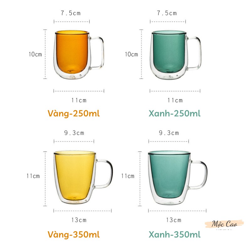 Ly thủy tinh, cốc thủy tinh có quai 2 lớp cách nhiệt nhiệt 350ml dùng trong văn phòng, gia đình cực yêu