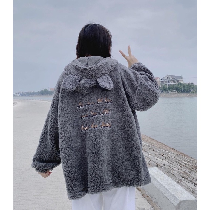Áo khoác lông cừu tai gấu thêu mặt cười unisex (annstore) | BigBuy360 - bigbuy360.vn