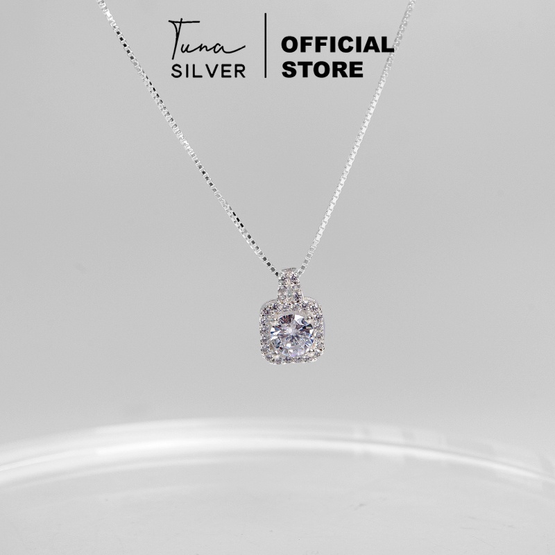 Dây chuyền Bạc gắn đá pha lê mặt vuông full đá cỡ lớn, Vòng cổ Bạc cao cấp 𝐂𝐚𝐦 𝐤𝐞̂́𝐭 𝐜𝐡𝐮𝐚̂̉𝐧 𝐁𝐚̣𝐜 TUNA SILVER
