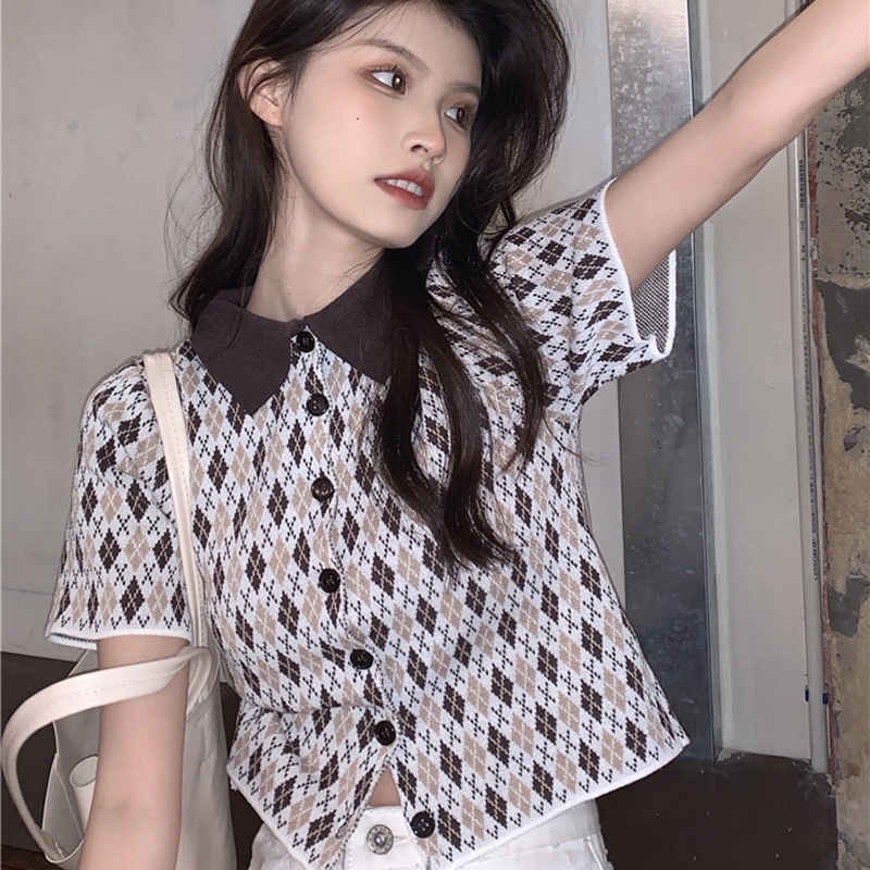 Áo Croptop Dệt Kim Tay Ngắn Họa Tiết Hình Thoi Thời Trang Hàn Quốc Cho Nữ