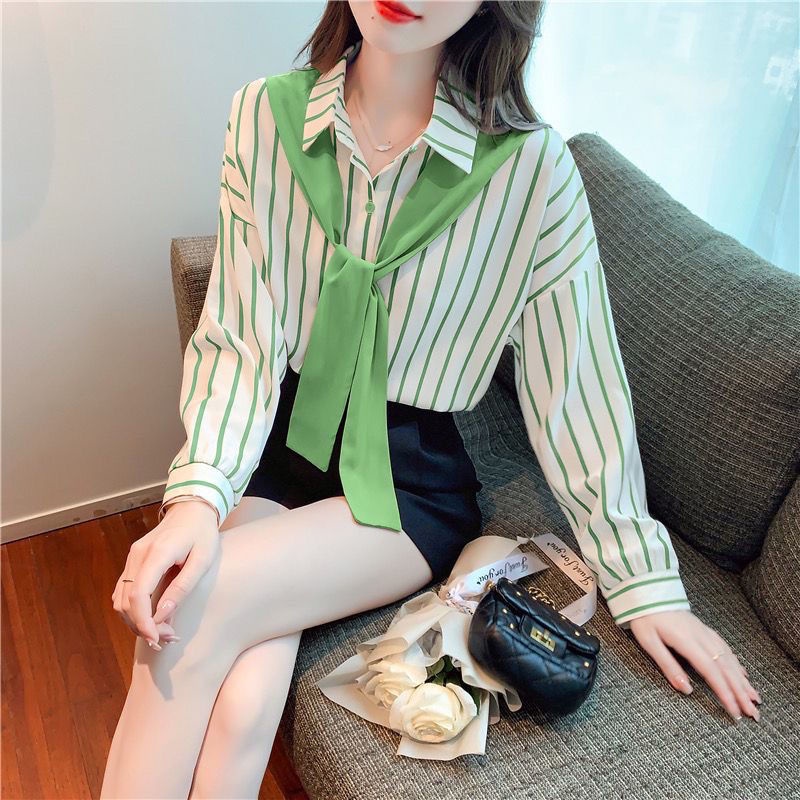 Áo Sơ Mi Tay Dài Dáng Rộng Họa Tiết Kẻ Sọc Phong Cách retro Hong Kong Thời Trang Mùa Thu Mới Cho Nữ