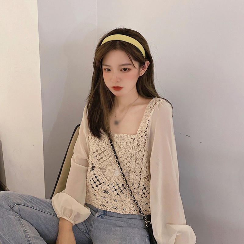 Brroa Áo Sweater Dệt Kim Dáng Rộng Tay Phồng Dài Cổ Vuông Phối Ren Hình Học Ghép Nối Cho Nữ