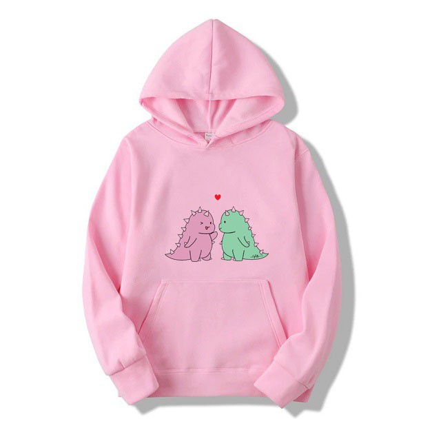 Áo Hoodies Ulzzang Nam Nữ Thu Đông Ấm Áp Chất Nỉ Mềm Mịn Không Nhăn, Không Xù In 3D Cartoon Khủng Long Xanh Hồng Cute