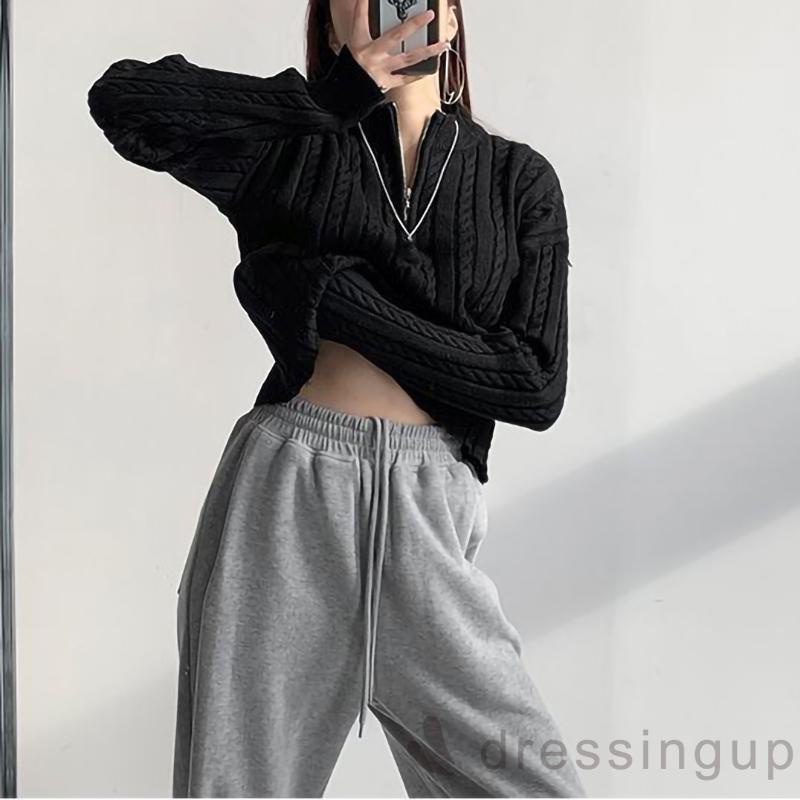 Áo Len Tay Dài Cổ Cao Màu Trơn Có Khóa Kéo Thời Trang Cho Nữ