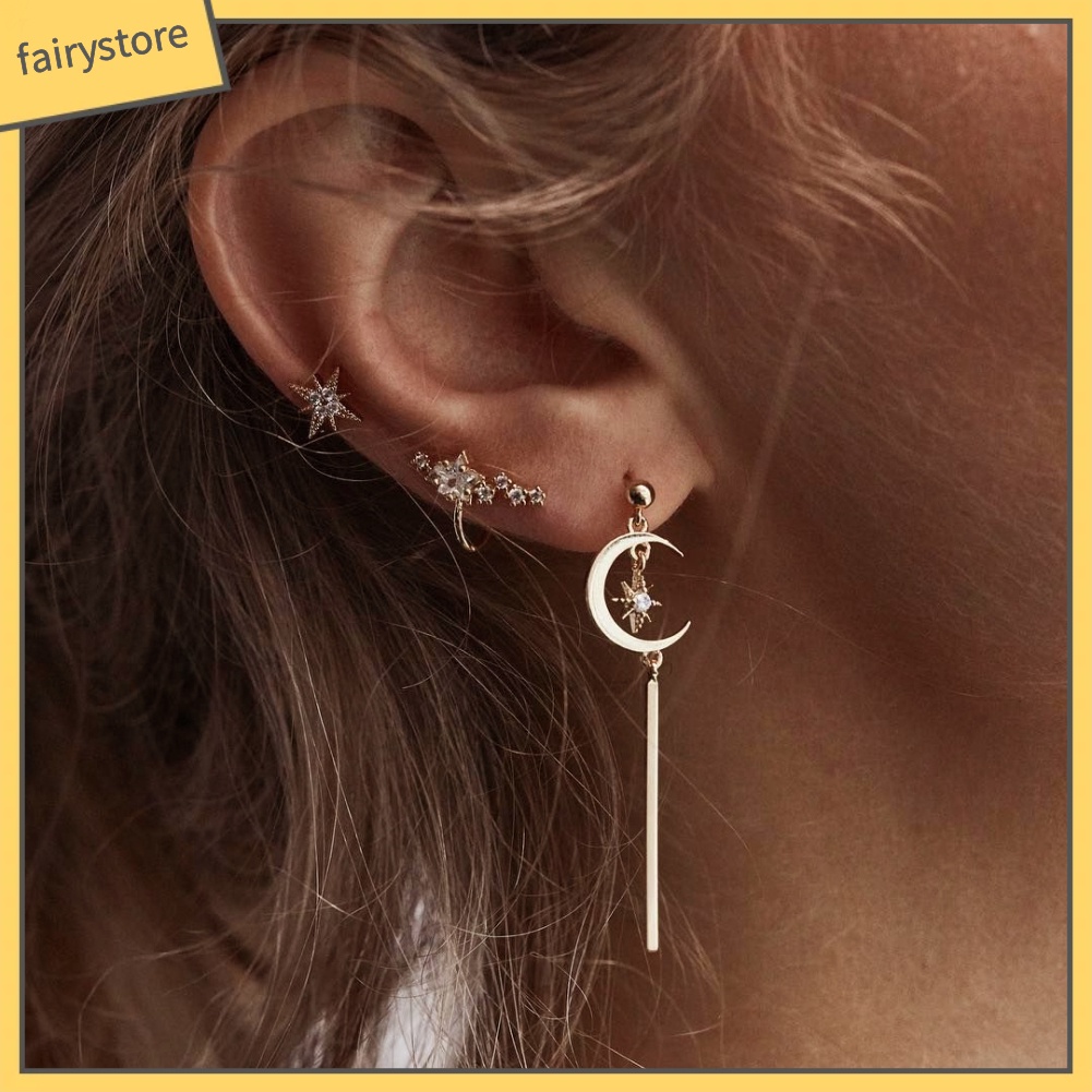Set 3 bông tai hình mặt trăng và ngôi sao