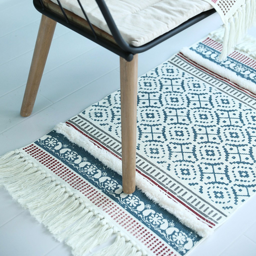Thảm dệt nổi 3D sợi cotton và linen có tua rua (60x90cm+20cm tua rua)