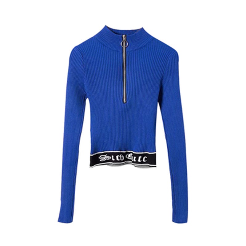 Áo thun COZOK dệt kim tay dài cổ cao hở rốn có khóa kéo in chữ