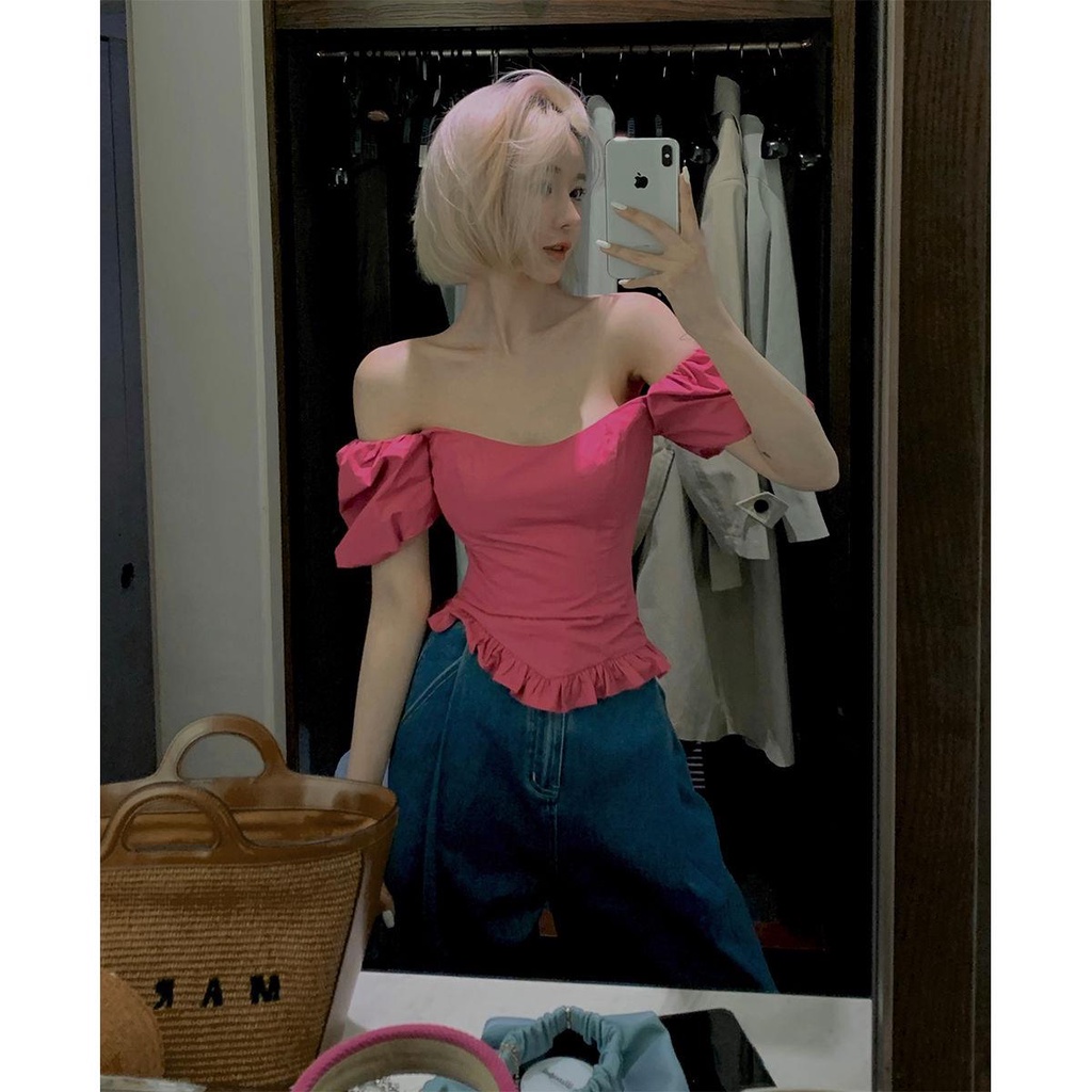 Áo Kiểu Trễ Vai Tay Ngắn Chiết Eo 2022 Thời Trang Mùa Hè Phong Cách Mới Cho Nữ