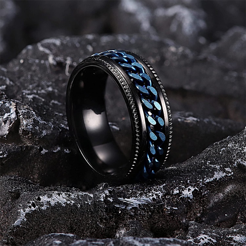 Hàng Có Sẵn] Nhẫn Thép Titan Khắc Họa Tiết Dây Xích Có Thể Xoay Được Cho Nam