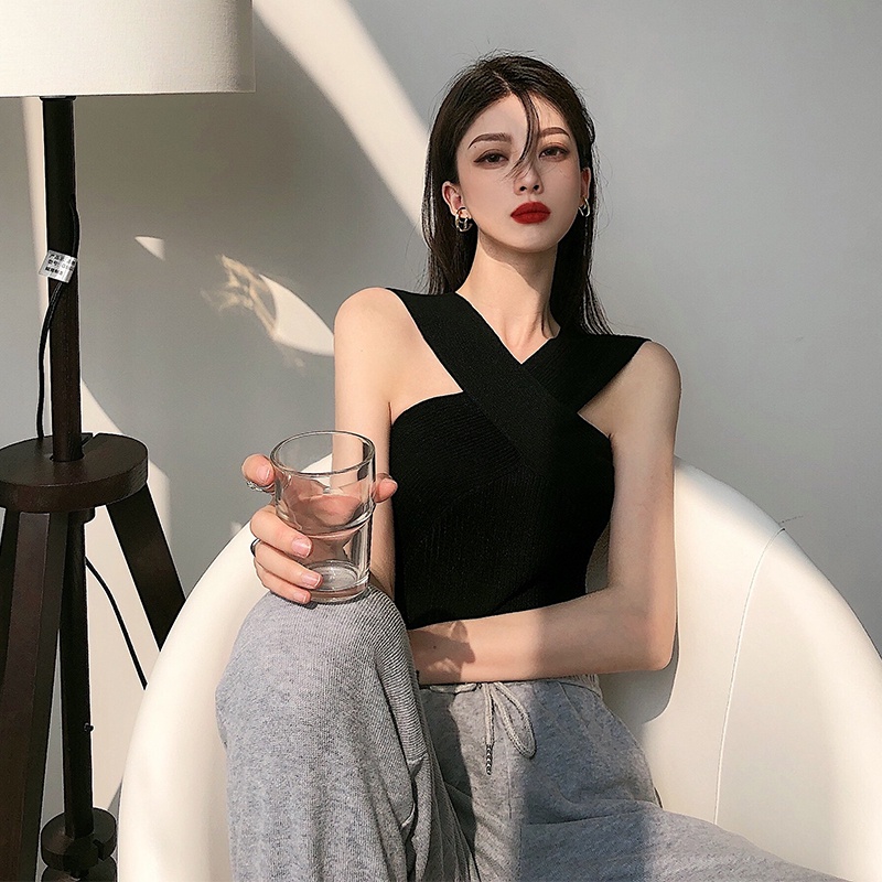 【ZHELIHANGFEI】 Áo Dệt Kim Hai Dây Chéo Lưng Gợi Cảm