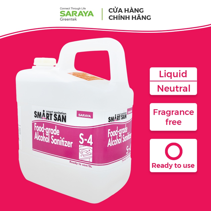 Cồn Sát Khuẩn SARAYA Smart San Food Grade Alcohol Sanitizer S-4 (Dùng Trong Thực Phẩm) - CAN 5 LÍT