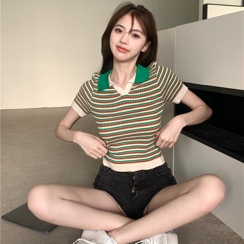 Áo Croptop Len Mongtoghi Kẻ Cổ Bẻ Cộc Tay Co Giãn Thời Trang Sugal TOP NU 049V1