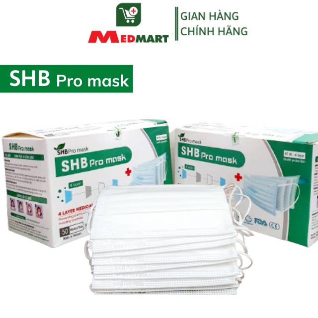 [Video Thật] Khẩu Trang Y Tế 4 Lớp Giấy Kháng Khuẩn SHB Pro Mask, Lọc Bụi, Vi Khuẩn, Hộp 50 Chiếc - Medmart