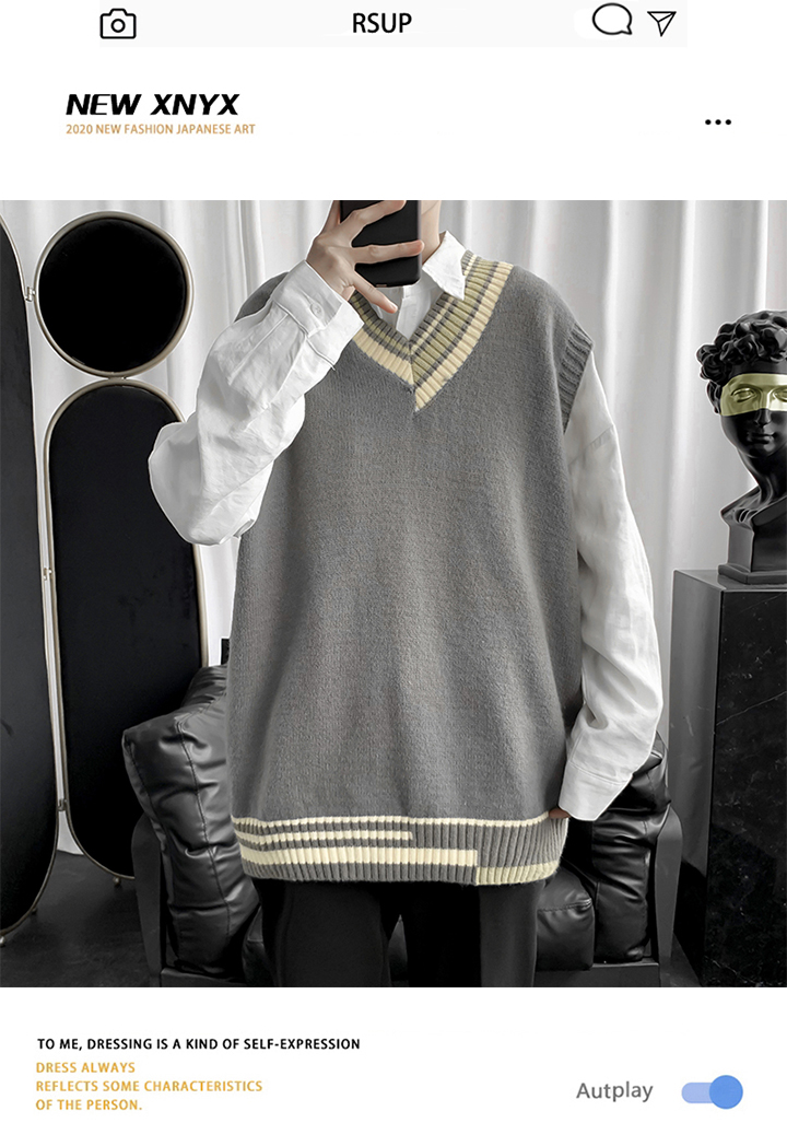 High knit sweater men Korean version of autumn and winter style ins port trend couple loose outside wearing V-neck sleeveless vest