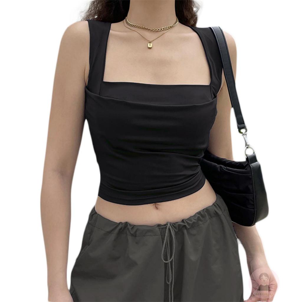 Áo Tank Top Cổ Vuông Màu Trơn Thời Trang Mùa Hè Cho Nữ Đen