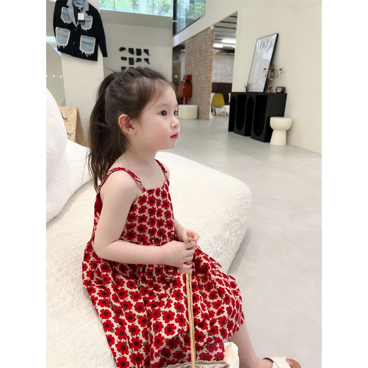 Đầm Mùa Hè Tay Cộc In Họa Tiết Hoa Đỏ Phong Cách Hàn Quốc Hợp Thời Trang Cho Bé Gái 5 Tuổi