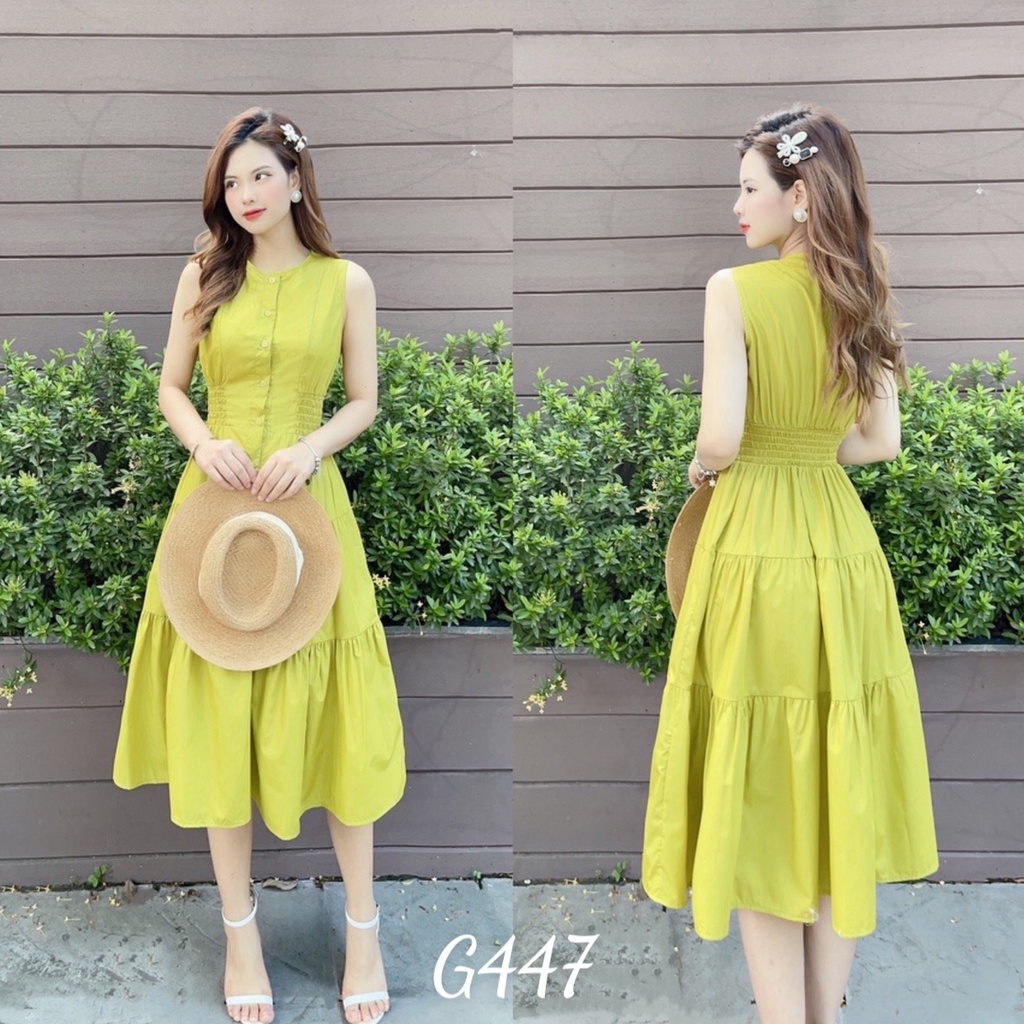 Đầm sát nách bo eo màu xanh bơ xếp tầng dáng xoè voan lụa G447