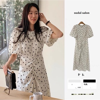 (ORDER) Váy chấm bi MORAN tay phồng thiết kế nhăn nhún eo xếp ly xòe dài thanh lịch sang trọng Hàn Quốc