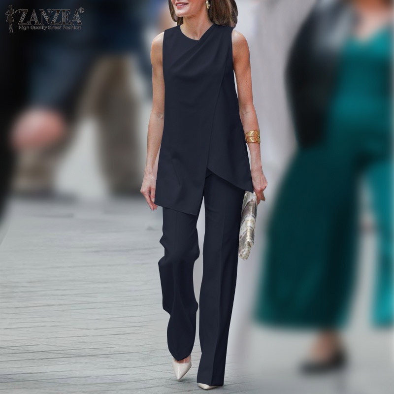 Bộ đồ ZANZEA gồm áo không tay viền bất đối xứng và quần dài ống rộng thời trang cho nữ