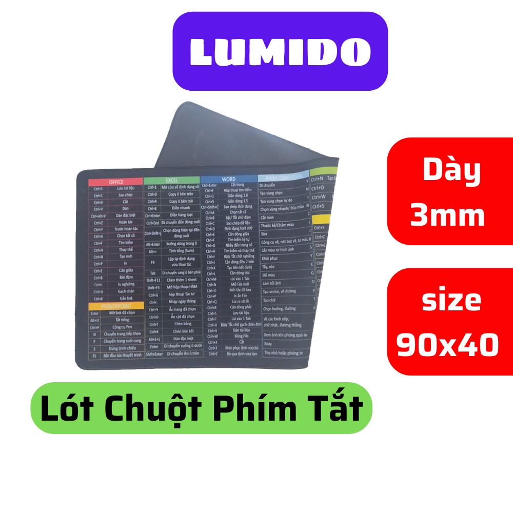 Miếng Lót Chuột Cỡ Lớn Cao Cấp 90x40 Phím Tắt Văn Phòng Excel Thiết Kế Photoshop độ dày 3mm LUMIDO