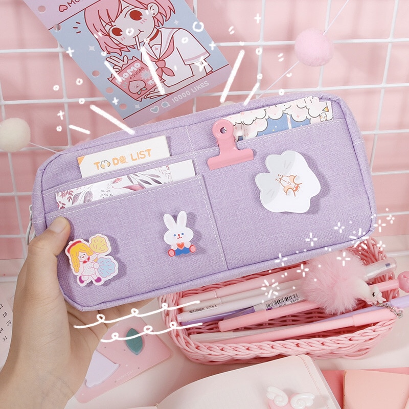 School Supplies kawaii Large Capacity Pencil Case Storage Canvas Pencil Bag Cute Makeup Bag for Girl Kids Gift w/ Badge