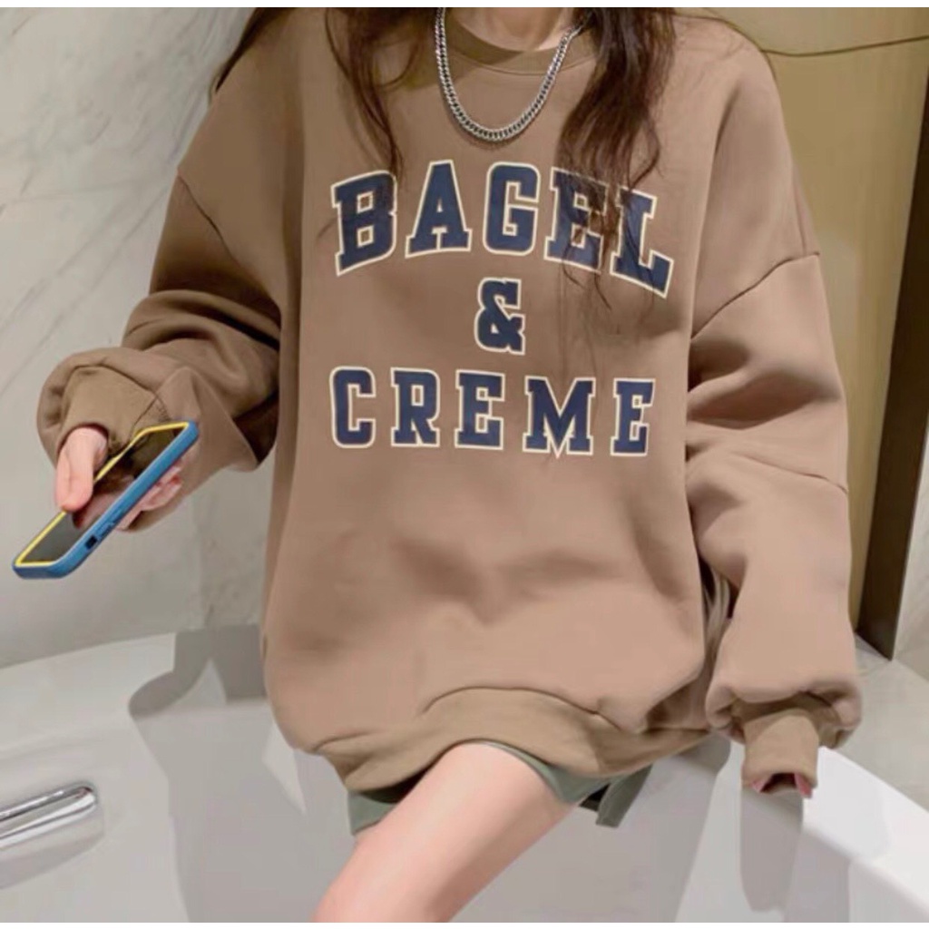 Áo Nỉ Nữ Bagel - Áo sweater oversize form rộng tay bồng, họa tiết nổi bật, cá tính, thiết kế đơn giản