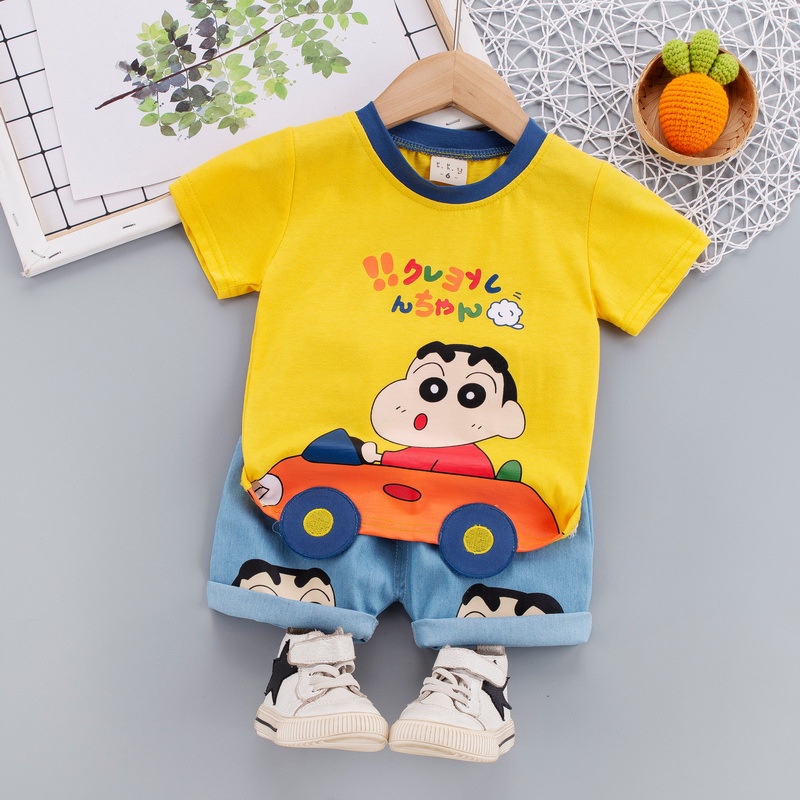 Bộ 2 món áo thun cotton tay ngắn in họa tiết hoạt hình cậu bé Shin dễ thương kèm quần cho bé trai 0-5 tuổi