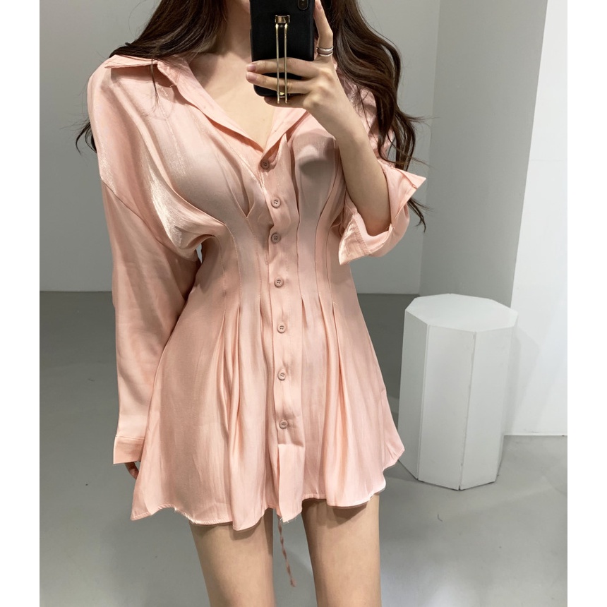 Đầm sơ mi đan phía sau chất lụa nhũ | Myung Official