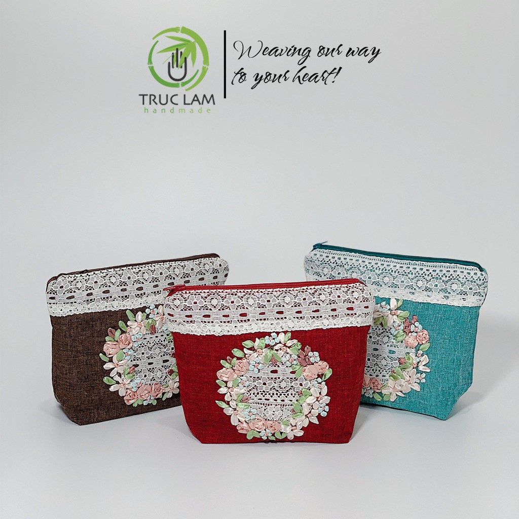 Ví Cầm Tay Nữ Thêu Ruy Băng Họa Tiết Hoa Phối Ren - Trúc Lâm Handmade
