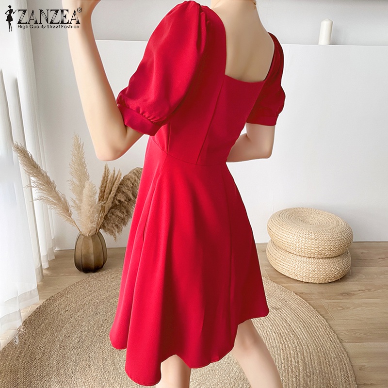 Đầm midi ZANZEA tay phồng cổ vuông có khóa kéo thời trang cho nữ