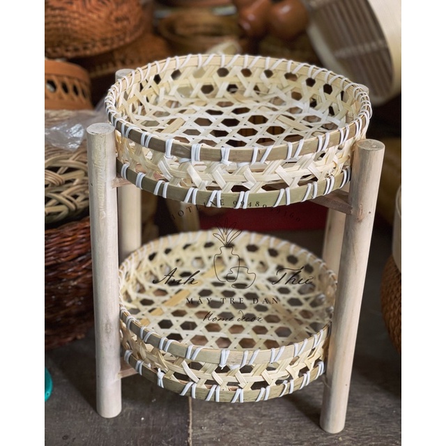 Kệ gỗ mix khay tre 2 tầng loại chắc chắn ( ảnh thật)