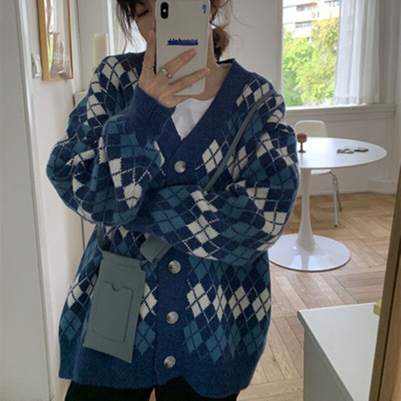 Áo khoác cardigan dệt kim cổ chữ V tay dài dáng rộng họa tiết kẻ sọc caro thời trang phong cách retro 2021