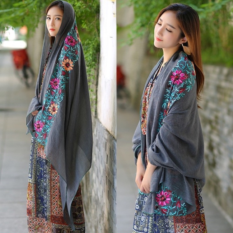 Khăn quàng/khăn chuàng cổ nữ dài thời trang mã MICY058 chất cotton đũi thêu hoa nổi hoạ tiết trẻ trung 90*180cm