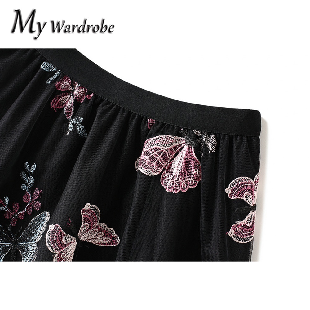 Chân Váy Lưới Thêu Hình Bướm Dáng Xòe Lưng Cao Dài Trung Bình Cho Nữ（1813 ）