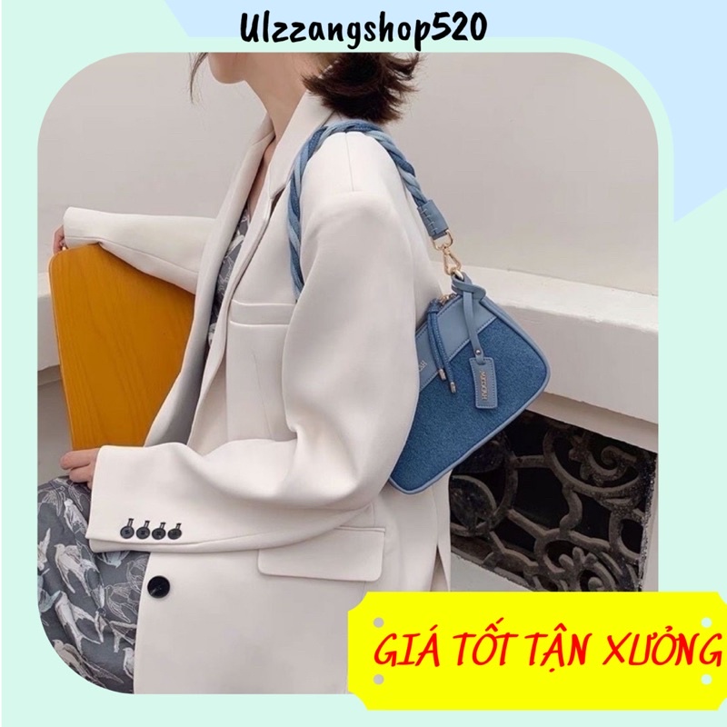 Túi xách xanh jeans vải kết hợp da màu xanh coban hot trend quai đeo chéo và quai kẹp nách Ulzzangshop520