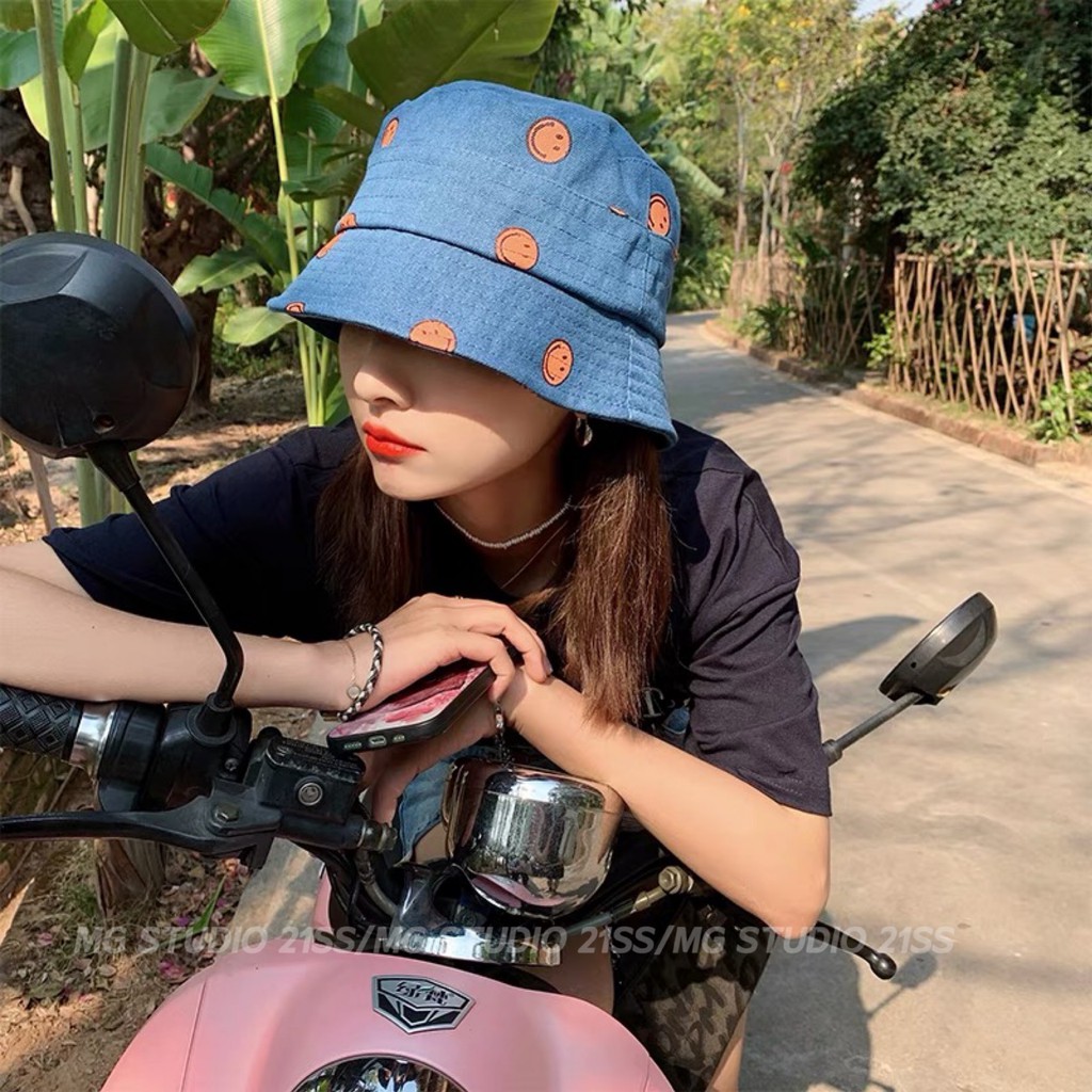 Mũ Tai Bèo MG STUDIO Chất Liệu Denim Họa Tiết Hình Mặt Cười