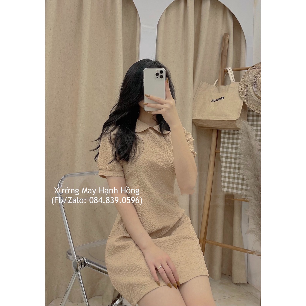 Váy gấm cổ sen ngắn tay, đầm thiết kế nữ phong cách Hàn Quốc