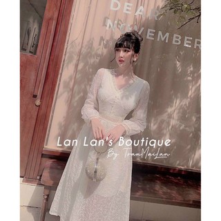 Đầm ren xòe tay dài cổ V tiểu thư sang chảnh, chất ren cao cấp hàng thiết kế, eo cao dáng dài mặc là xinh, giá rẻ
