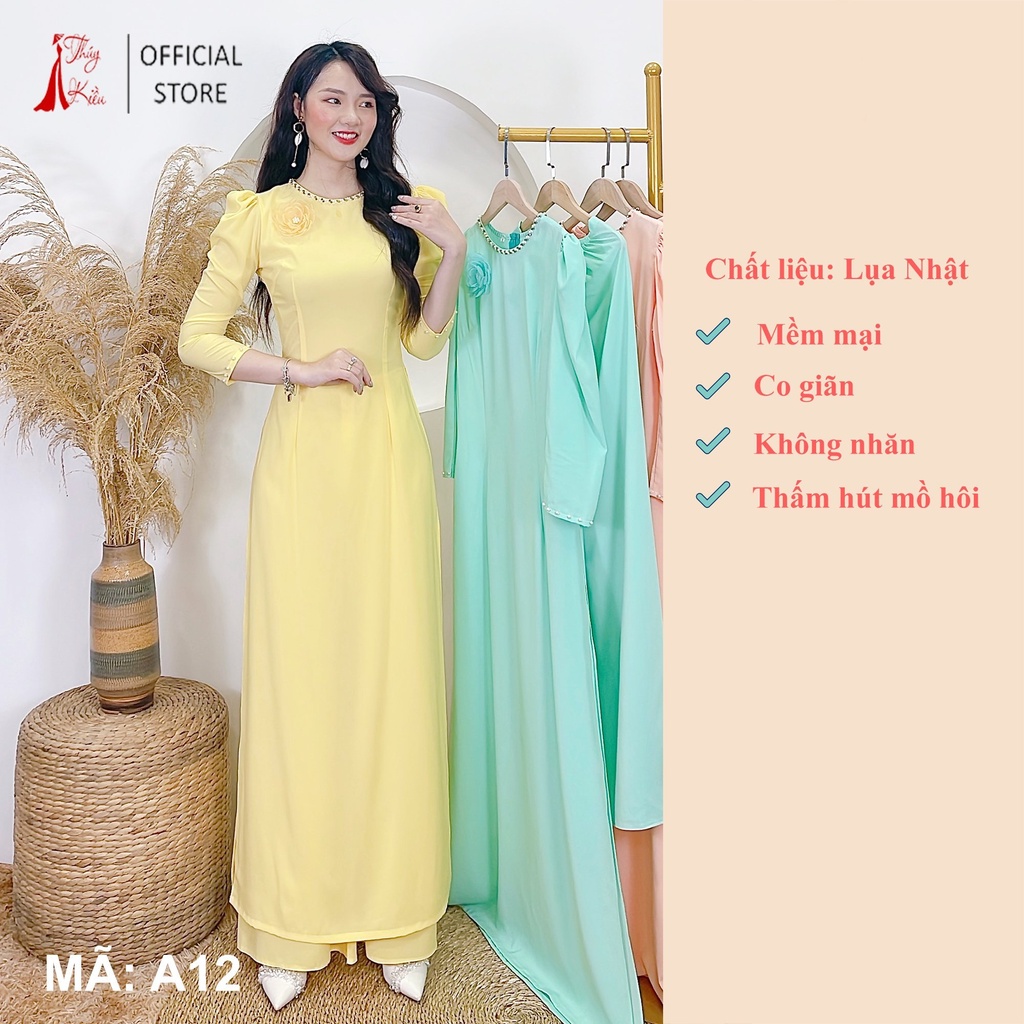 Áo dài lụa Nhật trơn tay bồng đính hoa voan màu vàng A12 mềm mại, co giãn, áo dài giá rẻ