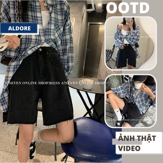 Quần short jean lửng form ngố bò ống rộng tua gấu màu đen basic MST5