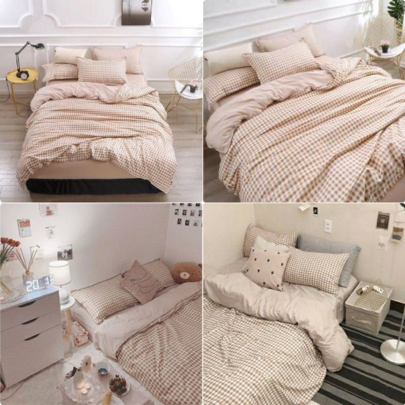 Bộ 4 món cotton poly kẻ caro nâu be hàng nhập khẩu,chất vải mềm mại,không bai sù