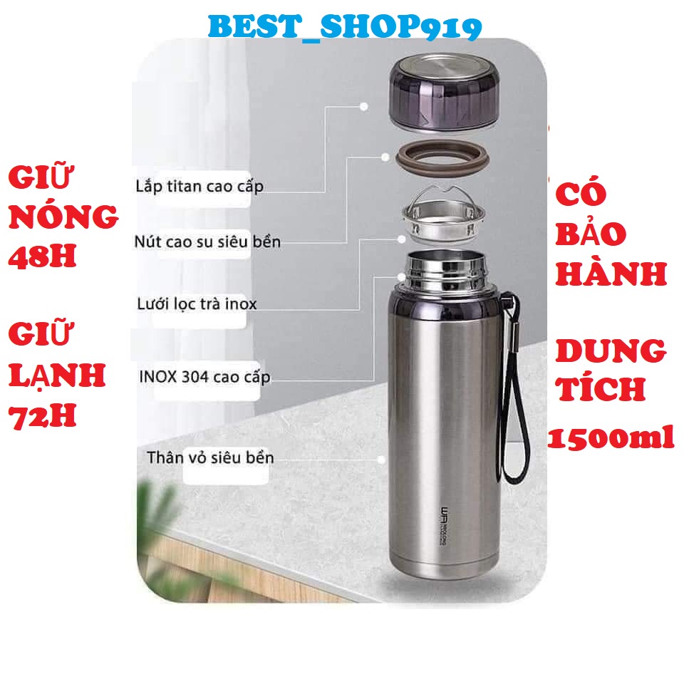 Bình Đựng nước pha trà cafe kim cương cao cấp 1500ML giữ nhiệt nóng 48h nhiệt lạnh 72h có quai xách bằng silicon