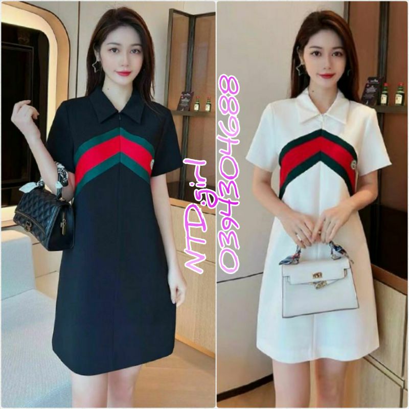 Hàng nhập - Đầm dáng suông lụa 2 lớp họa tiết trẻ trung, váy xuông cổ peter dây kéo khóa