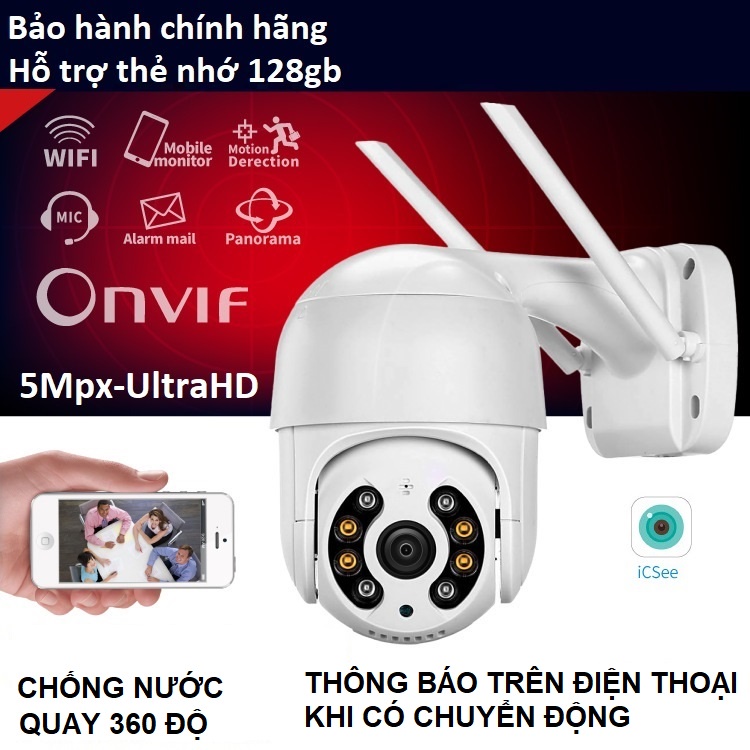 Camera wifi ngoài trời ICSEE 5Mpx,PTZ Onvif,ban đêm có màu,đàm thoại 2 chiều,giám sát chuyển động,chống nước,xoay 360 độ