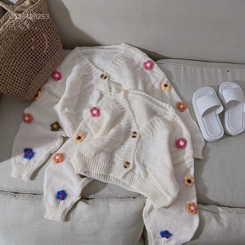 Áo Croptop Cardigan Đính Hoa Nổi Nhỏ Nhiều Màu Chất Len Mềm Mịn Xinh Xắn, Labibi