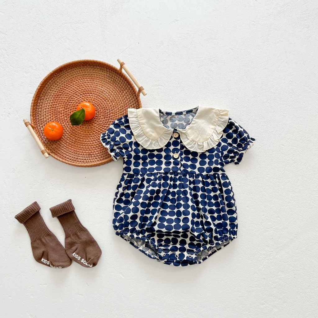 Bộ Áo Liền Quần Tay Phồng Cổ Bẻ In Họa Tiết Chấm Bi Thời Trang Mùa Hè Cho Bé Gái