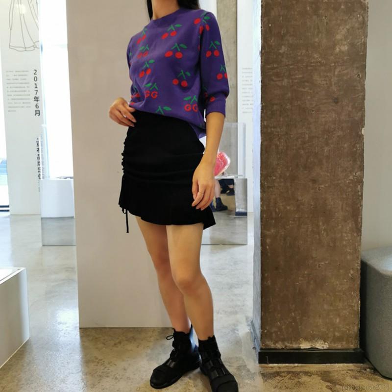 Women Autumn Knit Wool Clothing Cartoon Cherry Print Slim Long Sleeved Round Collar Slim Bottom Knit Sweater | BigBuy360 - bigbuy360.vn