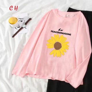 Sét quần dài Áo thun dài tay cổ tròn hoa cúc vàng chữ gạch ngang form rộng bo tay bo gấu phong cách Ulzzang